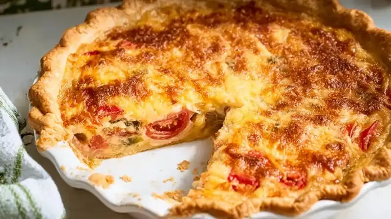 southern_tomato_pie_Reci_3_result Sliced tomato pie showing juicy tomatoes and cheesy topping