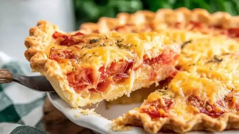 Southern tomato pie baked golden with melted cheese and basil
