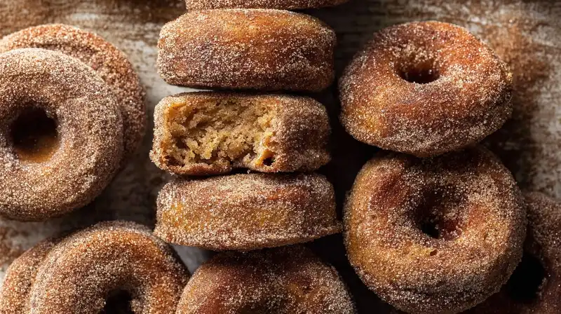 Close up of baked apple cider donuts with sparkly cinnamon sugar crust