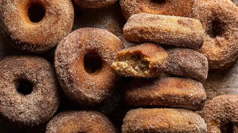 Apple_Cider_Donuts_Recip_2_result Apple cider donuts coated in cinnamon sugar on a cooling rack