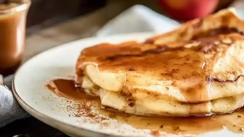 Apple Pancakes with Cider Syrup dusted with powdered sugar in a cast iron skillet