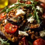 Roasted eggplant served on a platter with fresh herbs and lemon drizzle