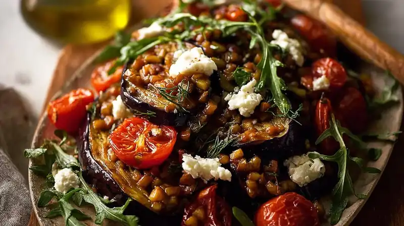 Roasted eggplant served on a platter with fresh herbs and lemon drizzle