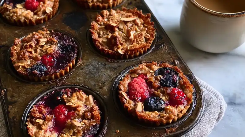 Baked_Oatmeal_Cups_PREPA_0_result Mixing oats, berries, and spices in a large bowl for baked oatmeal.