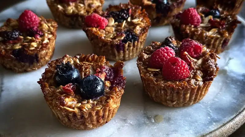 Freshly baked oatmeal cups stacked on a plate ready to serve.