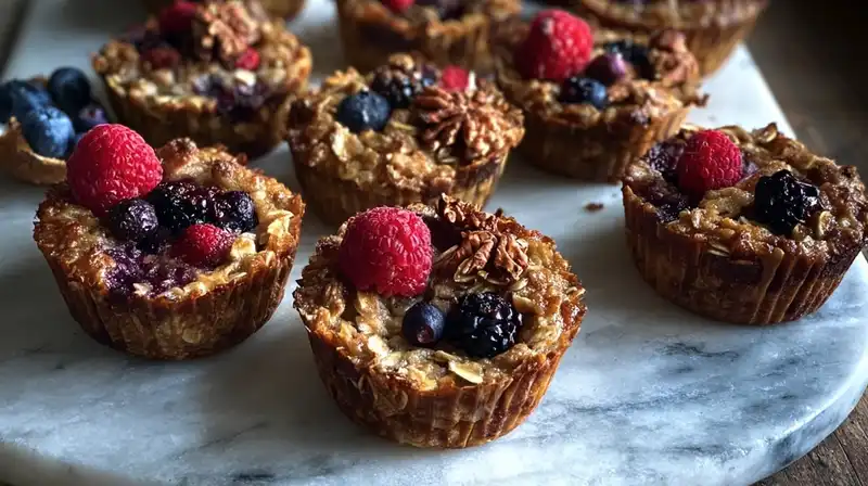 Baked_Oatmeal_Cups_Recip_2_result Golden brown baked oatmeal cups with berries and oats visible.