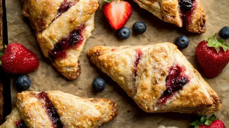 Berry_Turnovers_Recipes_1_result Homemade berry turnovers on a baking tray fresh from the oven