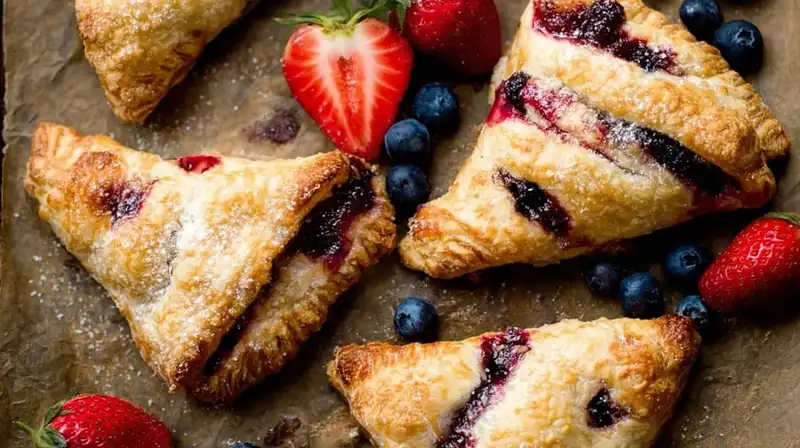 Golden flaky berry turnovers with glossy berry filling and icing drizzle