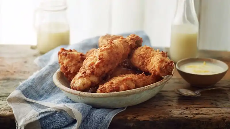 Buttermilk_Chicken_2_result Crispy golden buttermilk chicken tenders stacked on a white plate