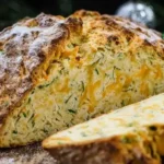 Golden cheddar and herb soda bread sliced with tender crumb on a wooden board