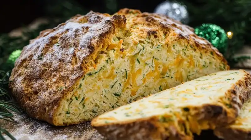 Golden cheddar and herb soda bread sliced with tender crumb on a wooden board