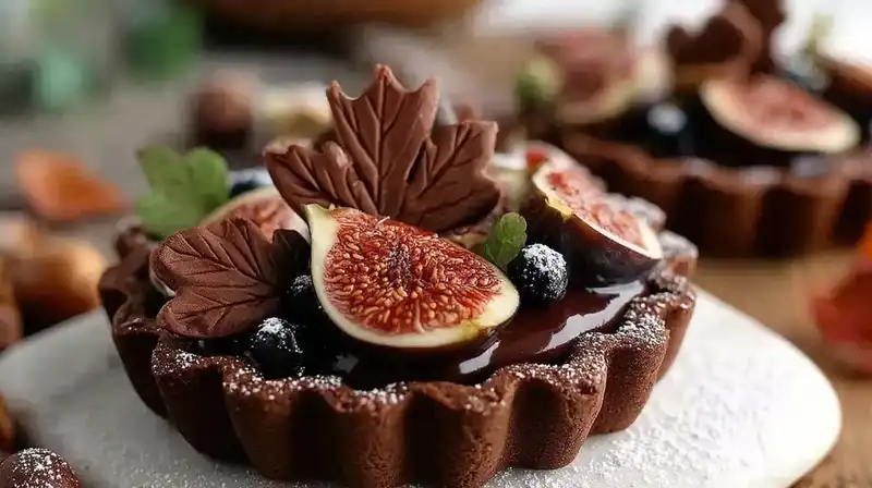 Elegant Chocolate Caramel Fig Tart layered with caramel and almond cream
