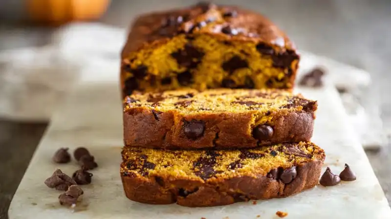 Freshly baked pumpkin bread with chocolate chips and warm spices