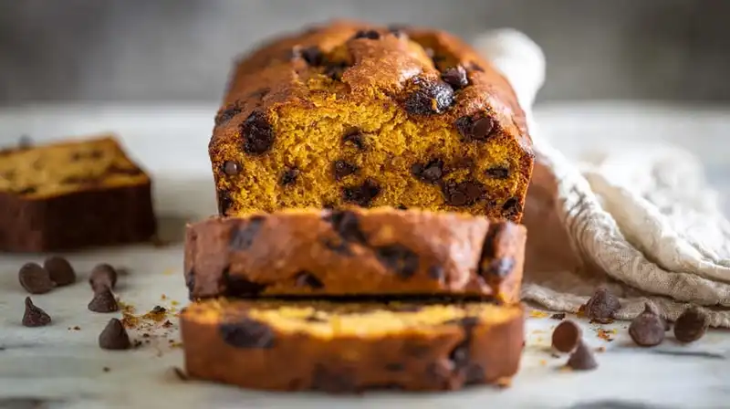 Chocolate_Chip_Pumpkin_2_result Moist chocolate chip pumpkin bread loaf sliced on a wooden board