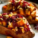 Cranberry apple twice-baked sweet potatoes topped with pecans and cranberries