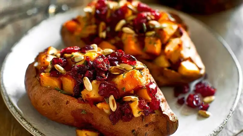 Cranberry apple twice-baked sweet potatoes topped with pecans and cranberries