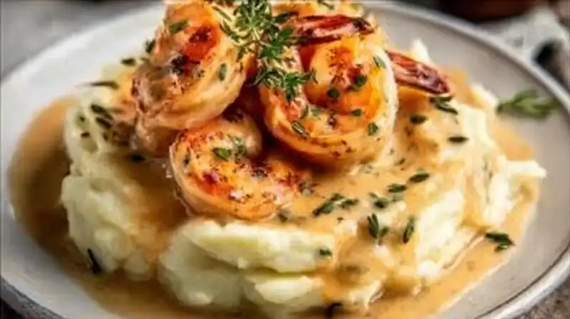 Creamy_Garlic_Shrimp_1_result Skillet seared shrimp on buttery mashed potatoes topped with rich garlic cream