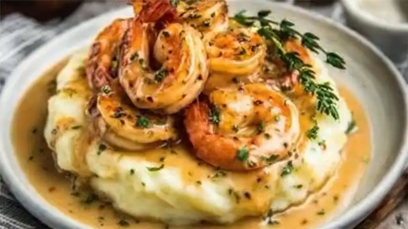 Creamy garlic shrimp over mashed potatoes with Parmesan sauce and thyme