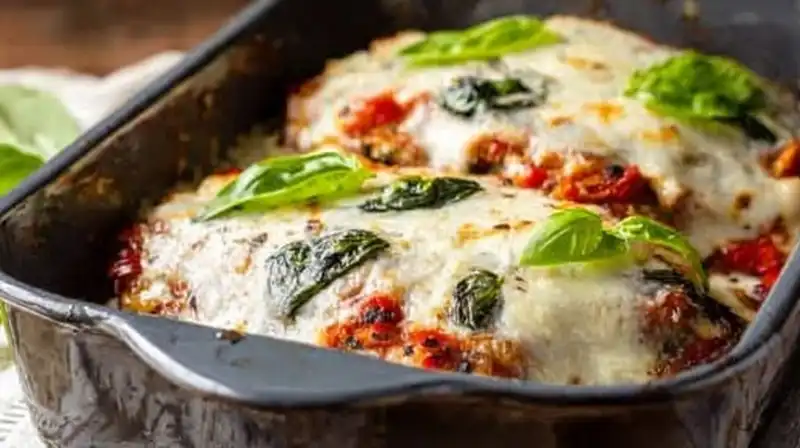 Baked Eggplant Parmesan casserole with golden bubbly cheese over bright marinara