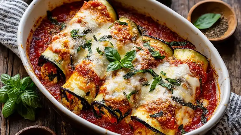 Cheesy eggplant rollatini baked in rich marinara sauce and topped with parmesan
