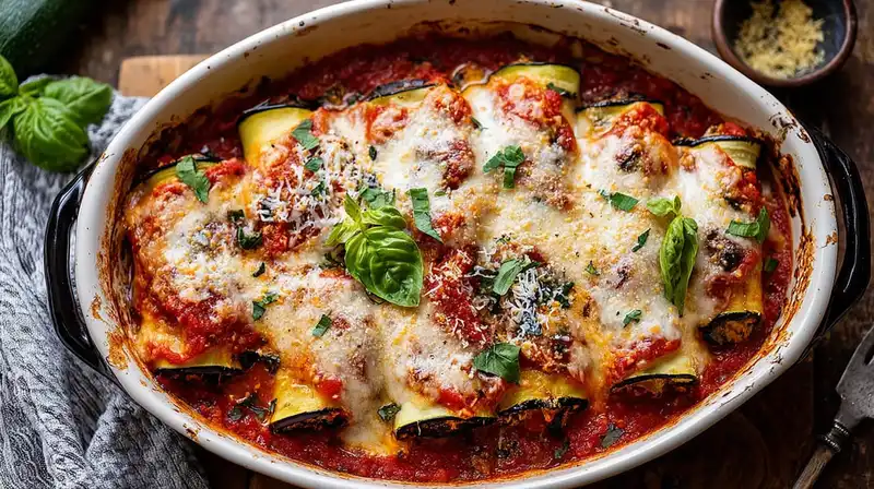 Eggplant_Rollatini_Recip_4_result Golden-baked eggplant rollatini with creamy ricotta filling and fresh basil garnish