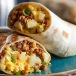 Golden tortilla Freezer Breakfast Burritoswrapped around chicken sausage eggs and salsa verde filling