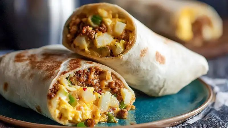 Golden tortilla Freezer Breakfast Burritoswrapped around chicken sausage eggs and salsa verde filling