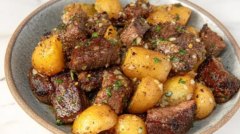 Juicy sirloin Garlic Butter Steak and Potatoes tossed in garlic butter sauce