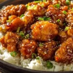Homemade General Tso's Chicken Stir Fry served over steamed rice with fresh green onions