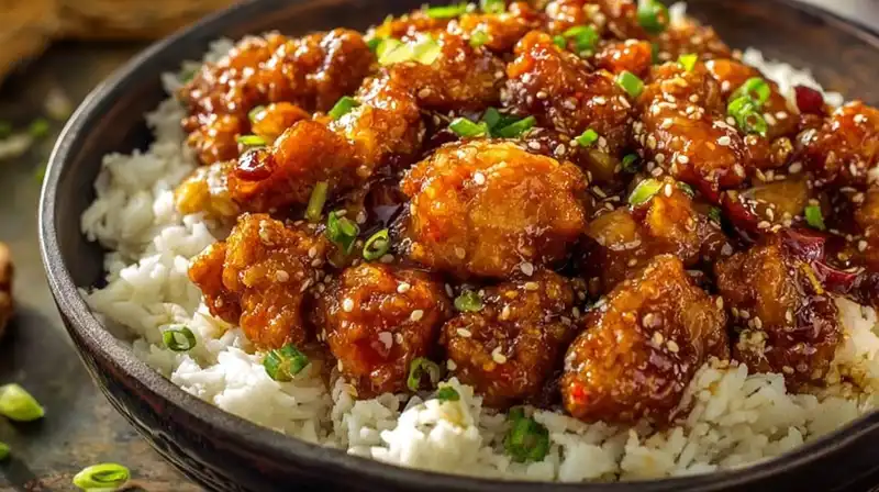 Homemade General Tso's Chicken Stir Fry served over steamed rice with fresh green onions