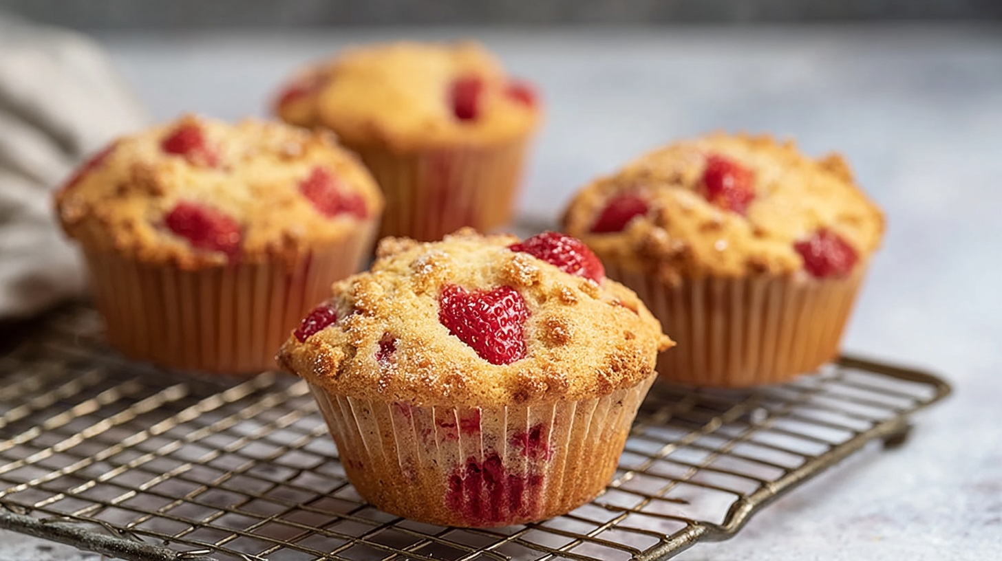 Gluten_Free_Strawberry_1 Gluten free strawberry muffins cooling on a wire rack