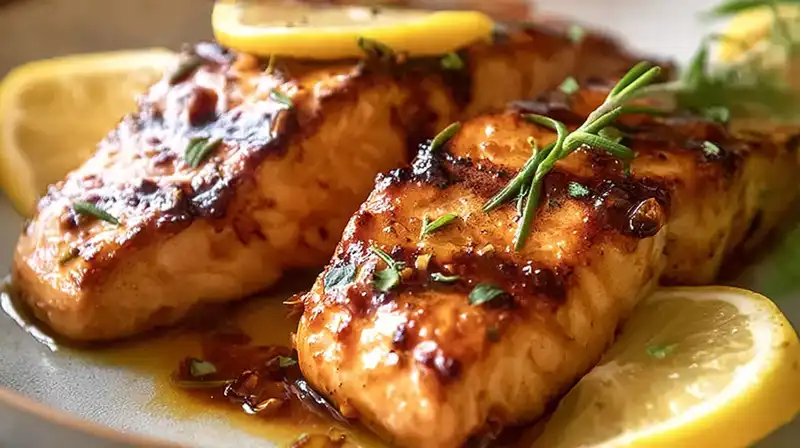 Juicy grilled salmon fillets with honey lemon soy glaze served with lemon slices and fresh herbs
