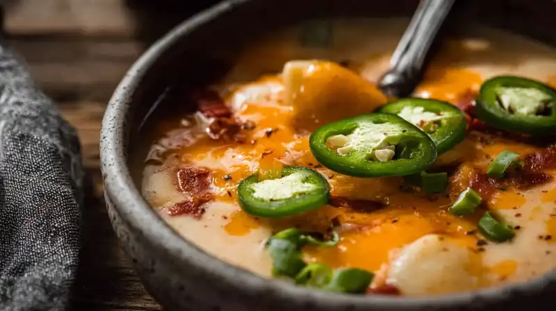 Spicy jalapeno Pepper soup with potatoes, cream cheese, and melted cheddar served warm