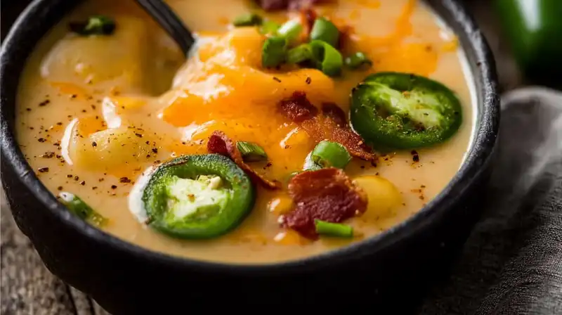 Jalapeno_Pepper_Soup_2_result Creamy jalapeno pepper soup topped with cheddar and green onions in a bowl