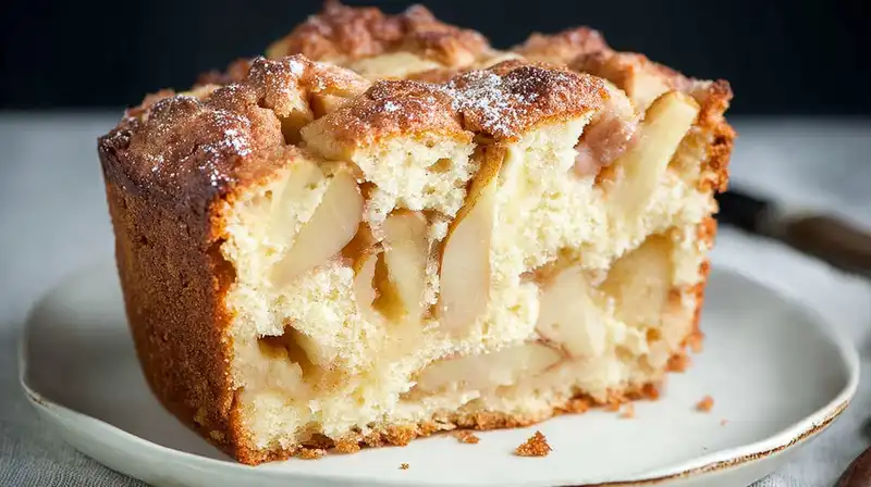 Whole Jewish apple cake in tube pan style, golden brown with apples peeking through
