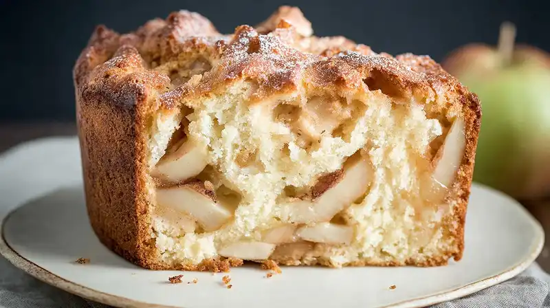 Jewish_Apple_Cake_Recipe_2_result Slice of moist Jewish apple cake with visible cinnamon apple layers on a white plate