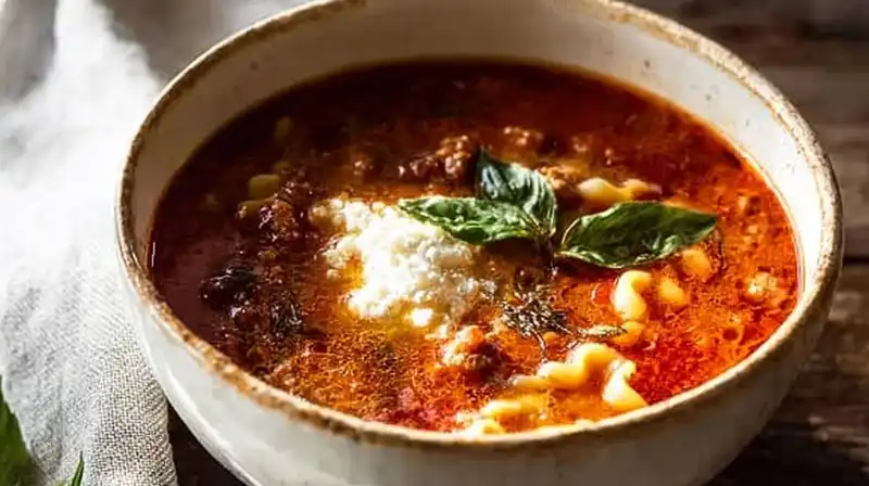 Bowl of lasagna soup with noodles, sausage, and melted cheese topping