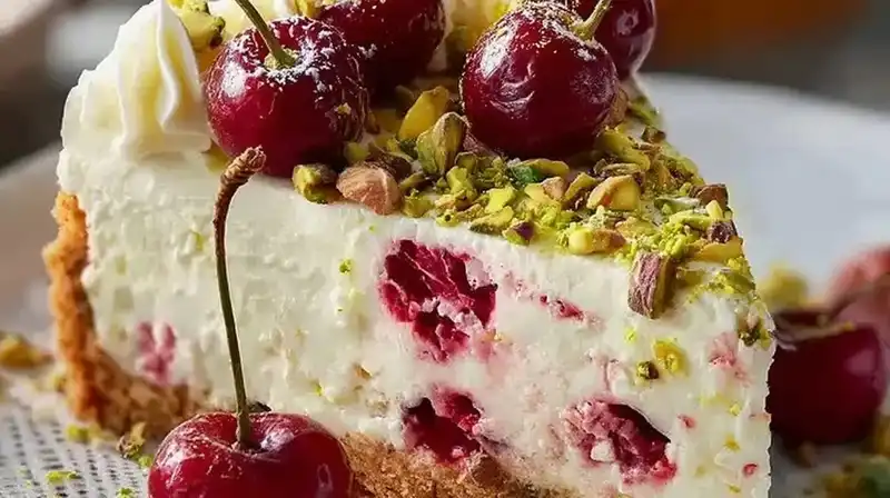 Lemon-Lime_Cherry_Pistac_1_result Slice of creamy lemon-lime cheesecake with fresh cherries and pistachio garnish ready to serve