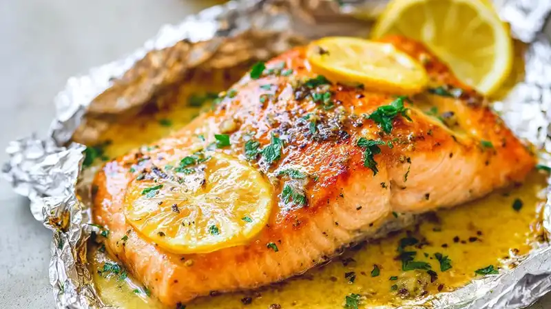 Lemon_Garlic_Butter_Salm_1_result Juicy foil pack salmon topped with fresh lemon slices and parsley