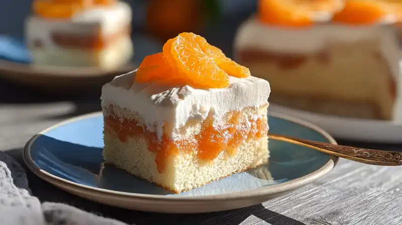 A slice of orange creamsicle cake with vanilla pudding topping and mandarin garnish
