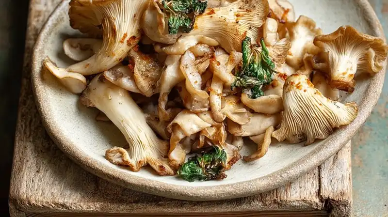 Golden-brown sautéed oyster mushrooms glistening with melted butter and herbs