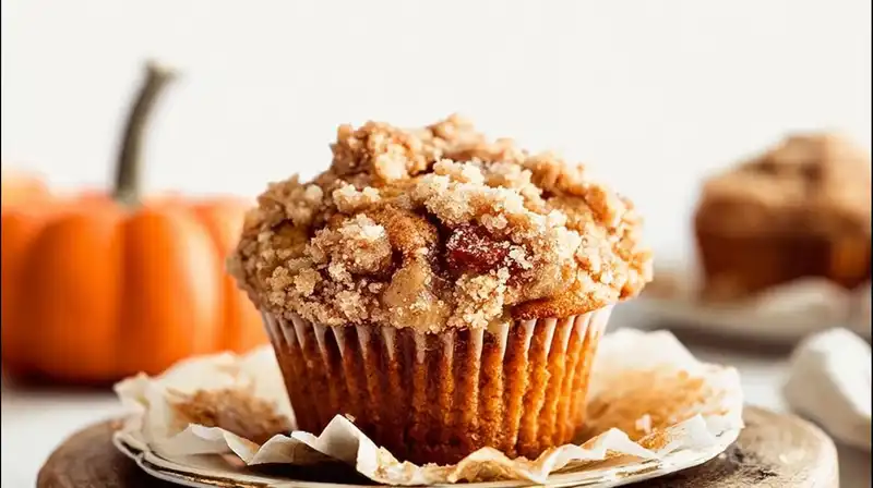 Freshly baked pumpkin muffins with apple cinnamon crumble