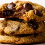Chewy pumpkin chocolate chip cookies stacked on a plate with melty chips
