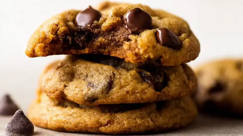 Chewy pumpkin chocolate chip cookies stacked on a plate with melty chips