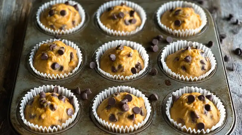 Pumpkin_Chocolate_Chip_0_result Mixing pumpkin, eggs, and sugar together in a bowl for muffin batter