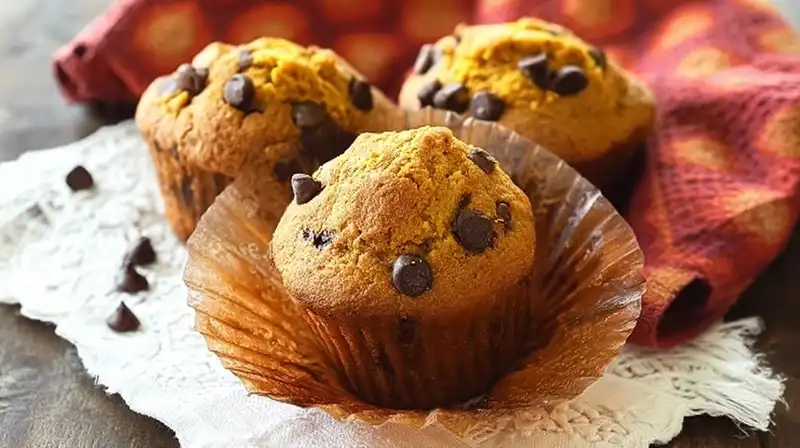 Pumpkin_Chocolate_Chip_2_result Freshly baked pumpkin chocolate chip muffins with golden tops and melty chocolate chips