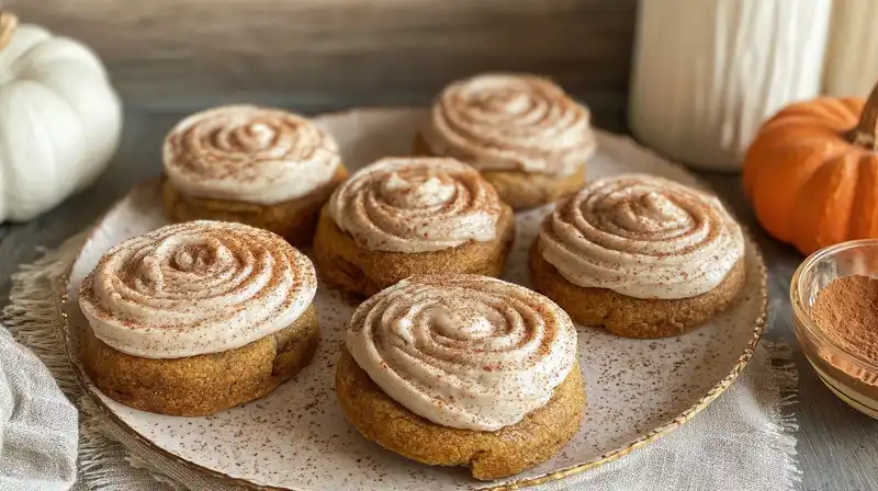 Soft pumpkin cookies topped with creamy cinnamon frosting swirl on a fall platter