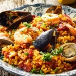 Spanish seafood paella served in a traditional pan with fresh parsley garnish