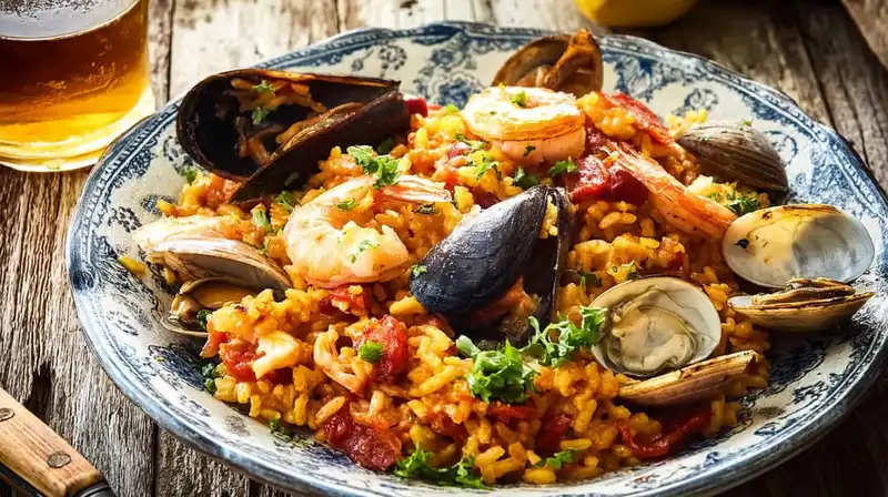 Spanish seafood paella served in a traditional pan with fresh parsley garnish