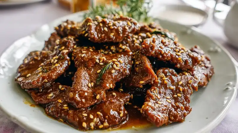 Sesame_Beef_Recipes_1_result Sesame beef served with scallions over steamed rice on a white plate